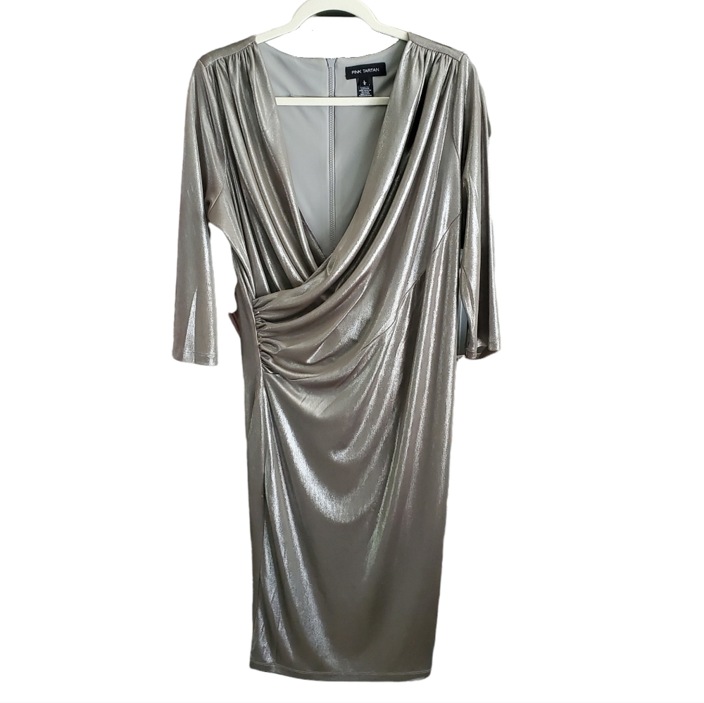 PINK TARTAN Metallic Faux Wrap Dress